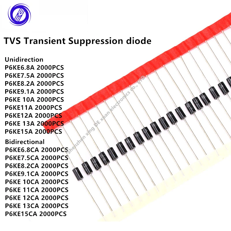 

2000Pcs P6KE6.8A P6KE6.8CA 7.5/8.2/9.1/10/11/12/13/15A/CA TVS Transient Suppression diode Unidirectional/Bidirectional DIP DO15