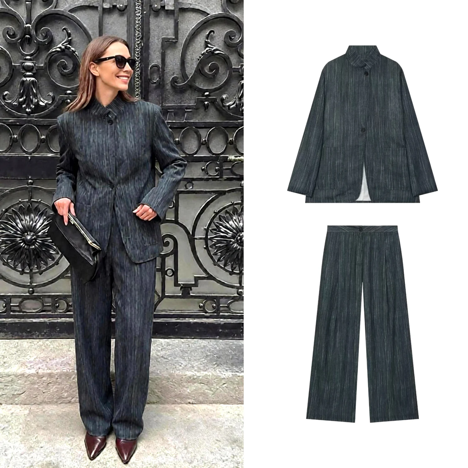 Women Vintage Elegant Stripe Pants Set Or Female Spring Autumn Stand Long Sleeve Button Blazer Jacket Or Lady Wide Leg Trousers