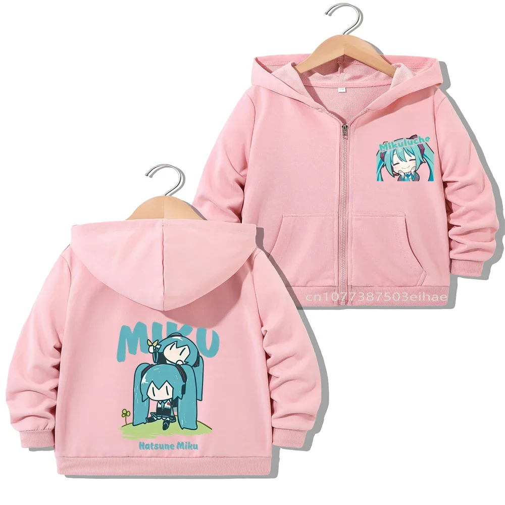 Spring Fall Girls Hatsune Miku Cartoon Print Zipper Jacket Kids Anime Figure Outerwear Lovely Children Casual Overcoat Tops