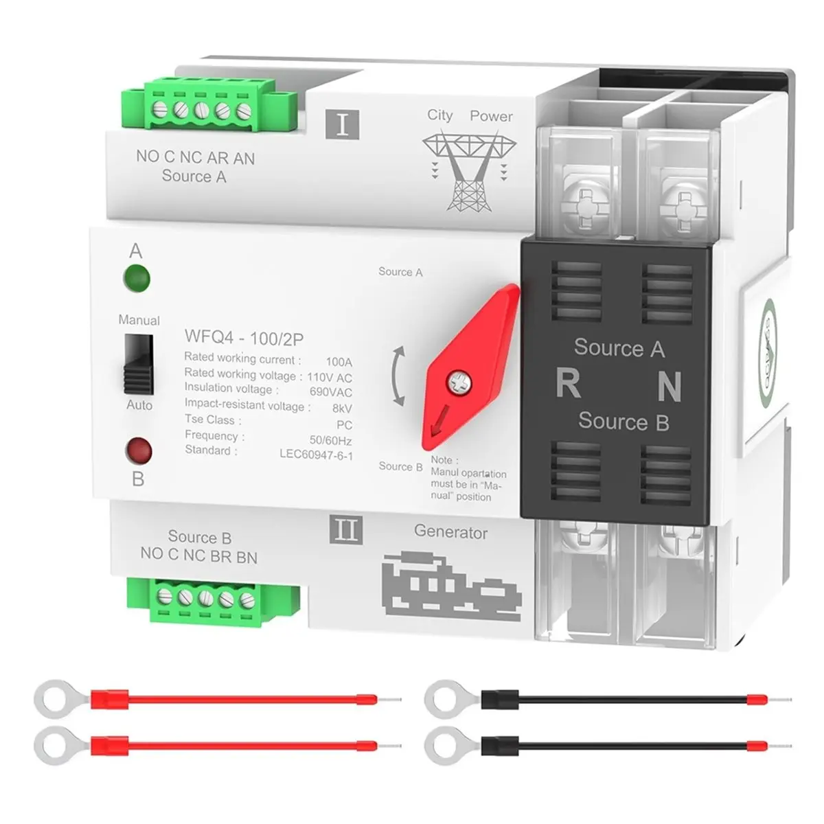 DT38 Automatic Transfer Switch 100A AC110V,Dual Power ATS 2P Transfer Switch Din Rail Mounting for Home Generator, RV,Public