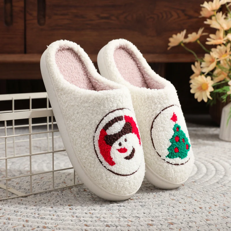 Bonhomme de neige de noël, pantoufles Design d'arbre en pain d'épice, chaussures d'intérieur chaudes en peluche avec semelle antidérapante, cadeaux festifs d'hiver pour la famille