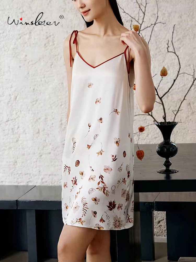 Winsleter,Women V Neck Print,Comfortable Sweet Pajama Dress,2024 Summer Autum 100%Mulberry Silk Spaghetti Nightgown,P47658QC