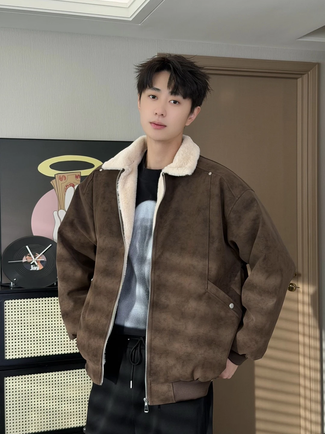 

Men's Winter Thiened Warm Cotton Jaet PU Leather Mountain Eagle Loose Fit Faionable American Brand Hip Hop Sle