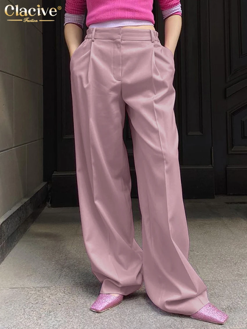 

Clacive Fashion Loose Pink Office Women's Pants Elegant High Waist Full Length Trousers Casual Classic Wide Leg Pants Female