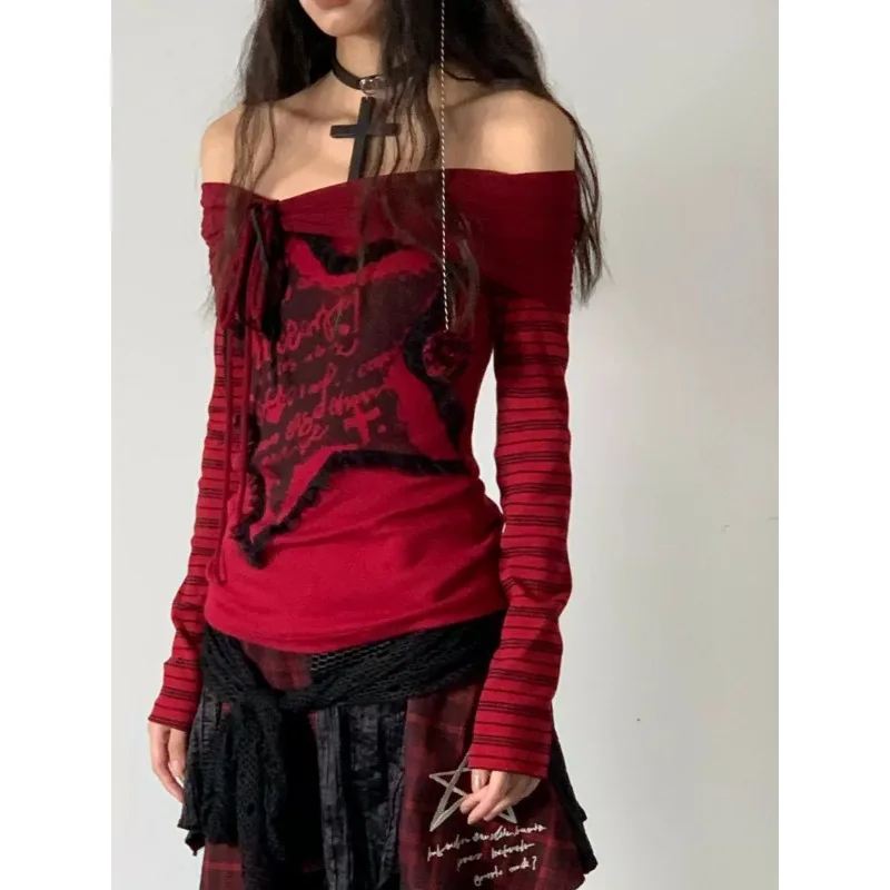 

Off-the-shoulder Pleated Lace-up Slim Red Long-sleeved T-shirt Women 2025 Autumn New Streetwear Star Print Patchwork Casual Tops