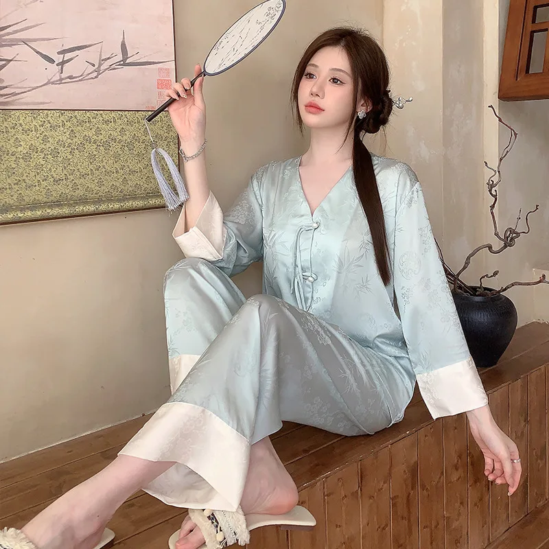 

Fashion Long Sleeve Pant Set New Spring Autumn Women's Pajamas Suit Casual Silk Sleepwear Femme Nightwear Clothes Home Wear