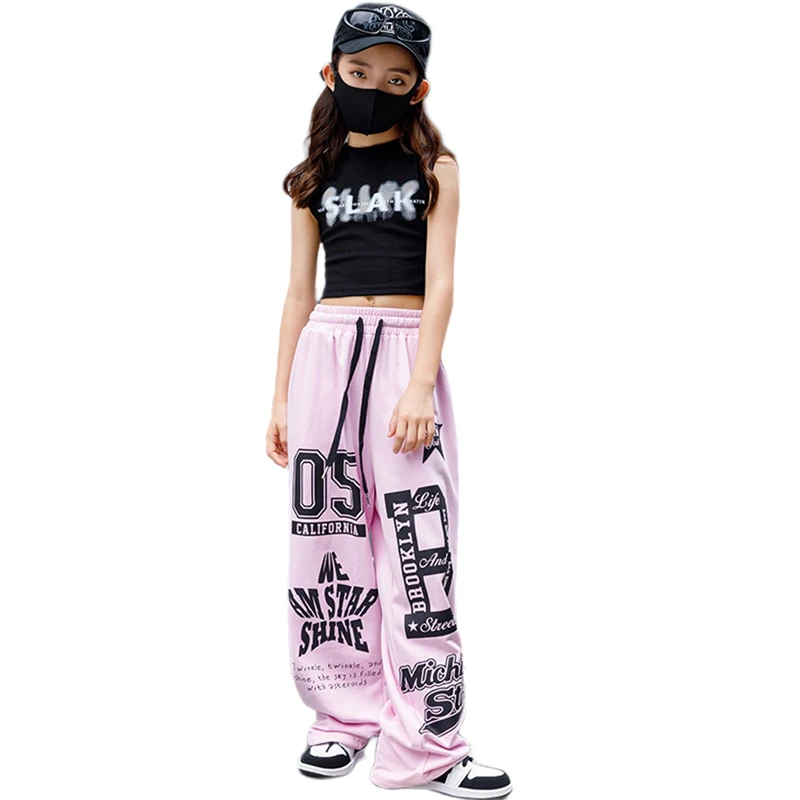 2024 Girls Modern Hip Hop Dance Costumes For Kids Black Vest Pink Pants Streetwear Children Jazz Performance Stage Wear DN17956