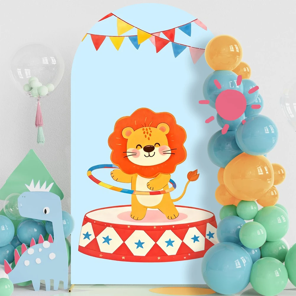 

Carnival Circus Red Tent Arch Cover Background for Kids Birthday Party Decoration Elephant Lion Show Juggling Arched Backdrop