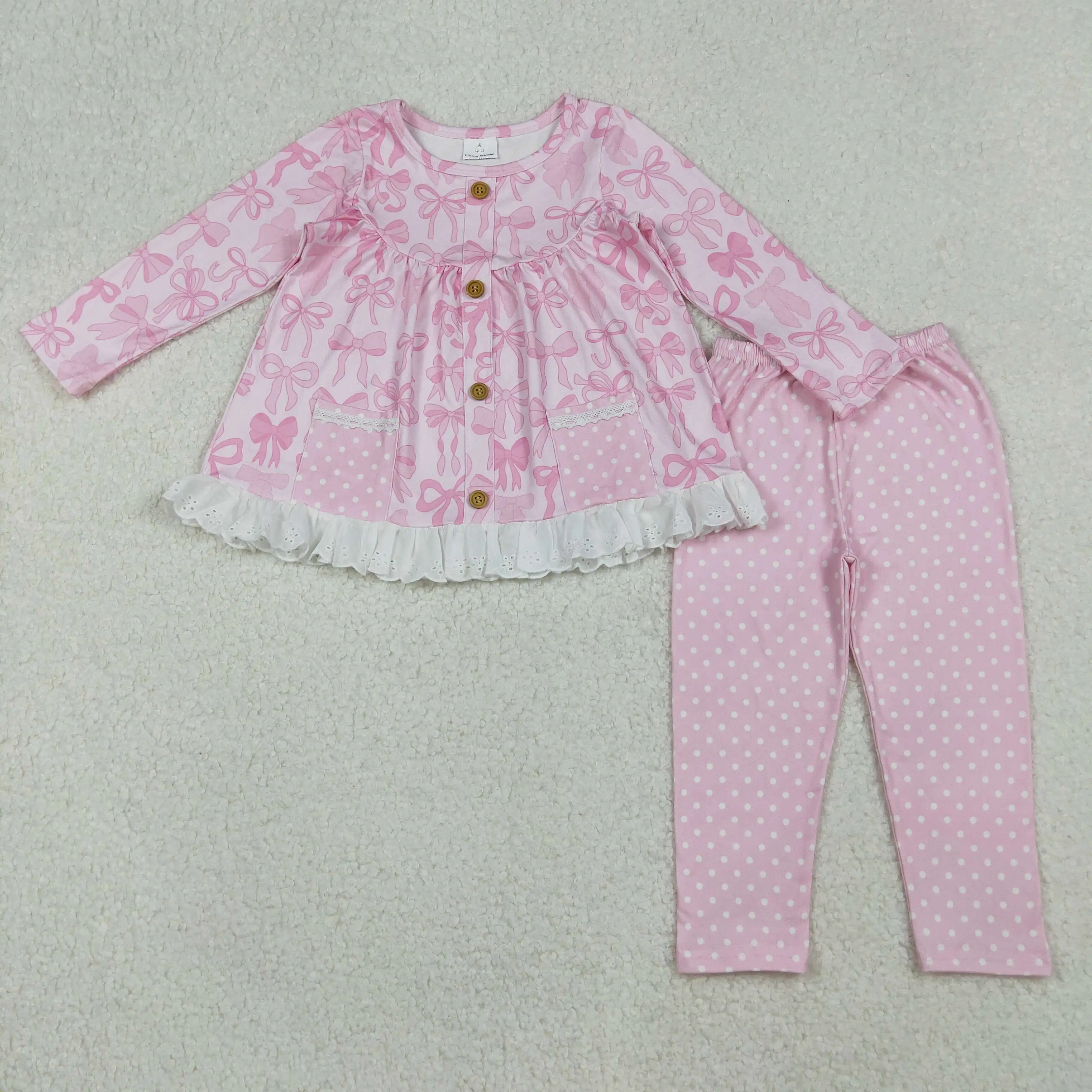 

X10.1 Winter Children Girls Clothing Pink Long Sleeve Pants Set Wholesale Bow Pattern Lace Polka Dot Pocket