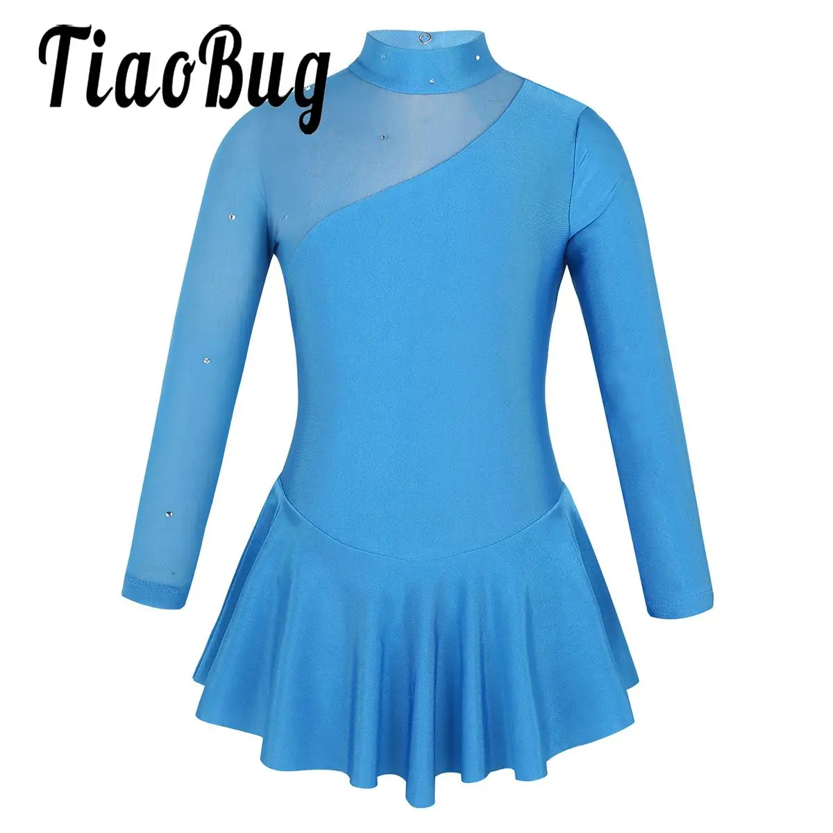 

Kids Girls Long Sleeves Figure Ice Skating Dress Gymnastic Rhythmic Rhinestone Mesh Tulle Splice Leotard Dress Ballet Dancewear