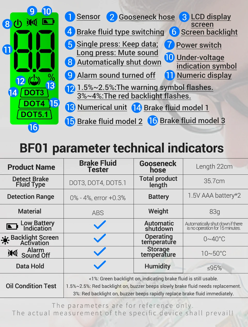 ANENG BF01 Bremsflüssigkeitstester Handgerät mit Digitalanzeige Akustischer/Sichtbarer Alarm Test RT01 Auto Digitales Relais-Detektionskit – Detail 10