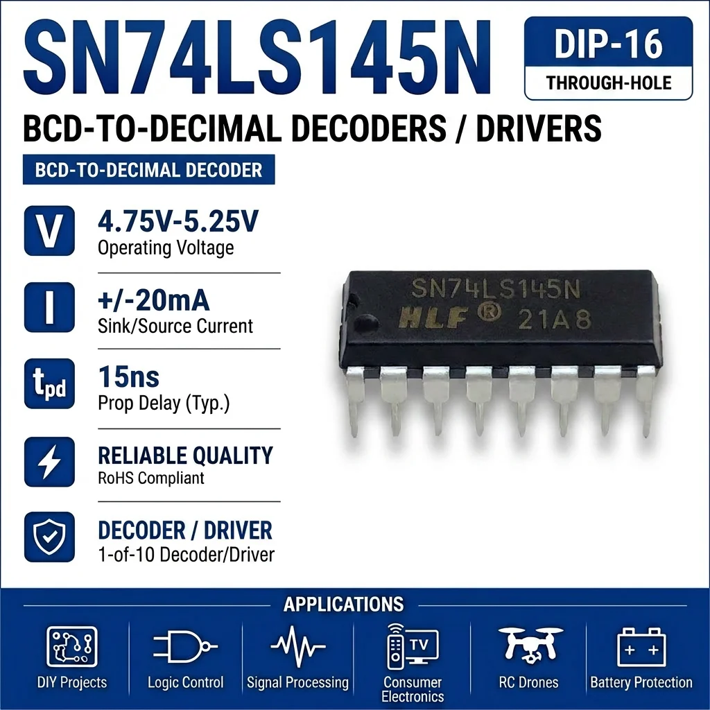 (25 pcs) SN74LS145N DIP-16 / SN74LS145DR SOP-16 SN74LS145 BCD-to-Decimal Decoder/Driver Open Collector