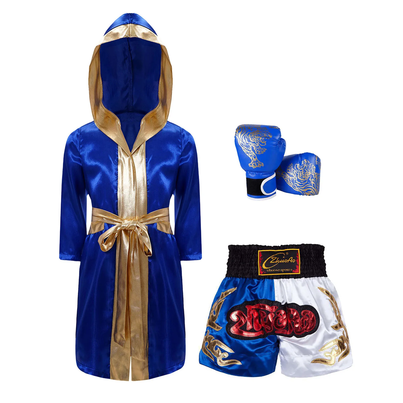 Vestaglie da boxe per ragazzi Bambini Muay Thai Sanda Abito con cappuccio con cintura Pantaloncini Adolescenti Bjj Boxer Guanti Set Costume da allenamento per bambini