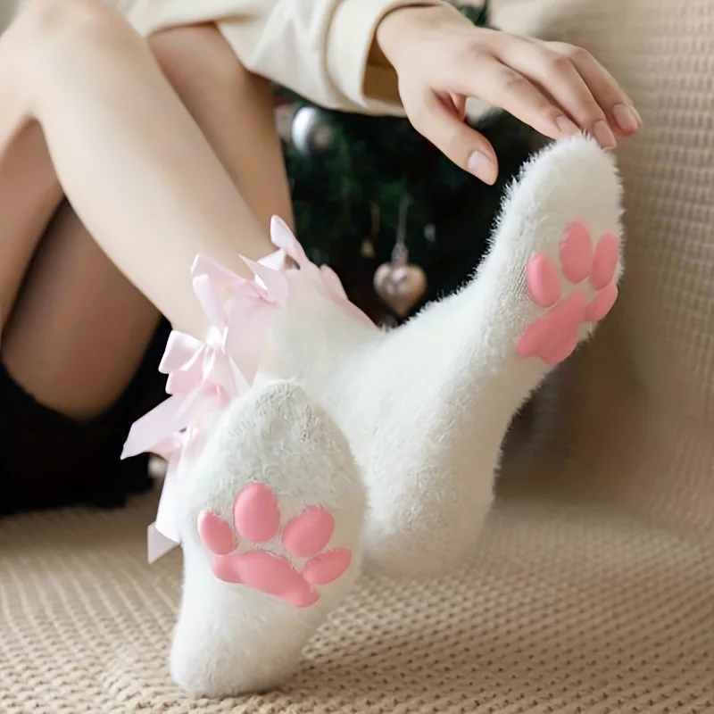 Cute Bow Coral Velvet Socks Women Indoor Floor Stocking Winter Plush Warm Socks 3D Cat Paw Anti Slip Cold-proof Sleep Sock Girls