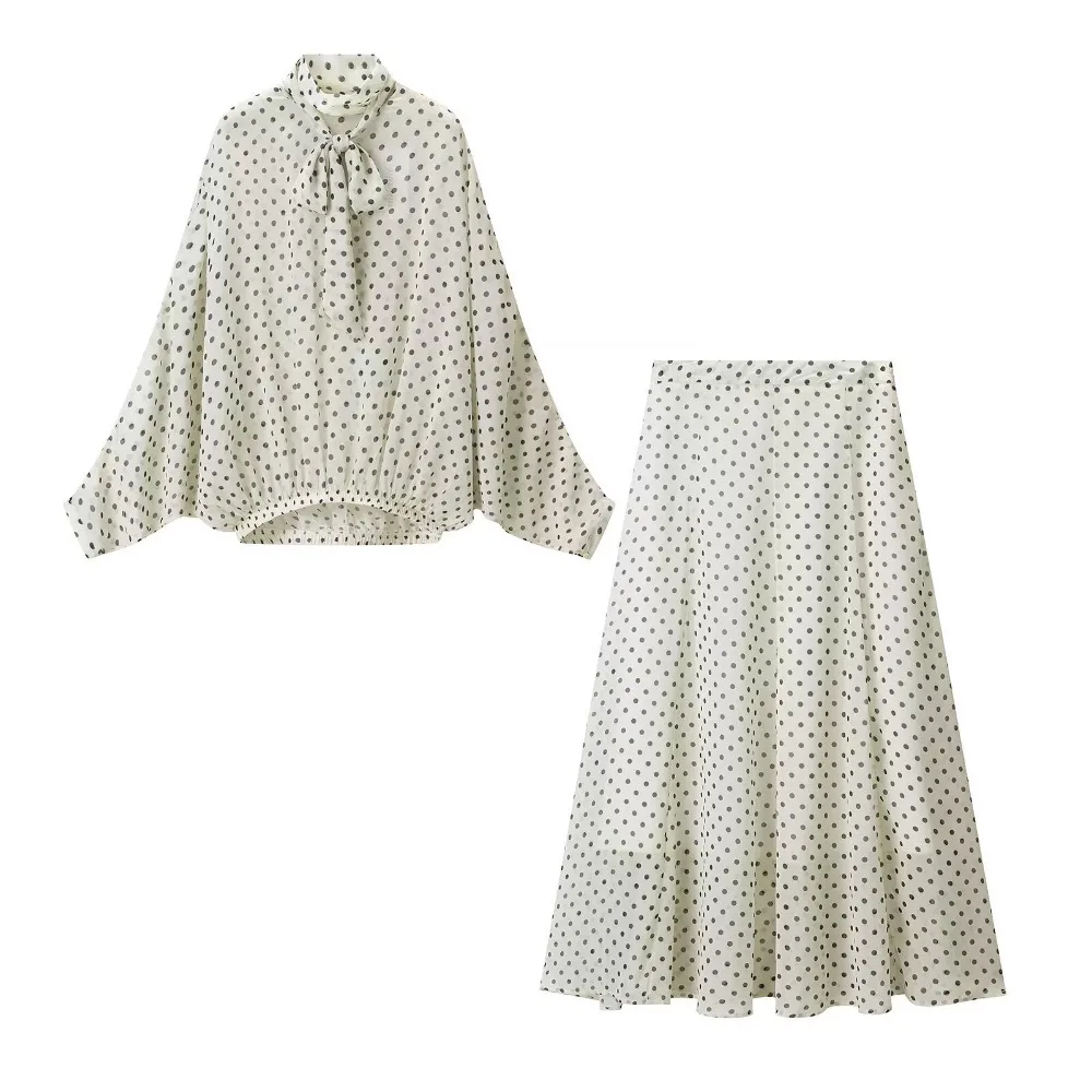 Women's Polka Dot Sheer Chiffon Oversized Shirt & Maxi Skirt 2 Piece Set 2026 Autumn Retro Elegant Daily Casual Matching Set