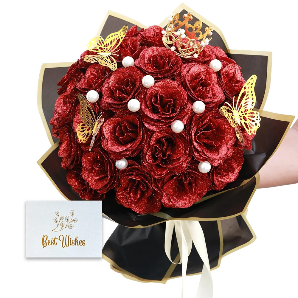12/24-teiliges rotes Glitzer-Rosen-Blumenstrauß-DIY-Geschenkset, ewige glänzende künstliche Rose für Valentinstag, Jahrestag, Verlobung, Hochzeit – Detail 1