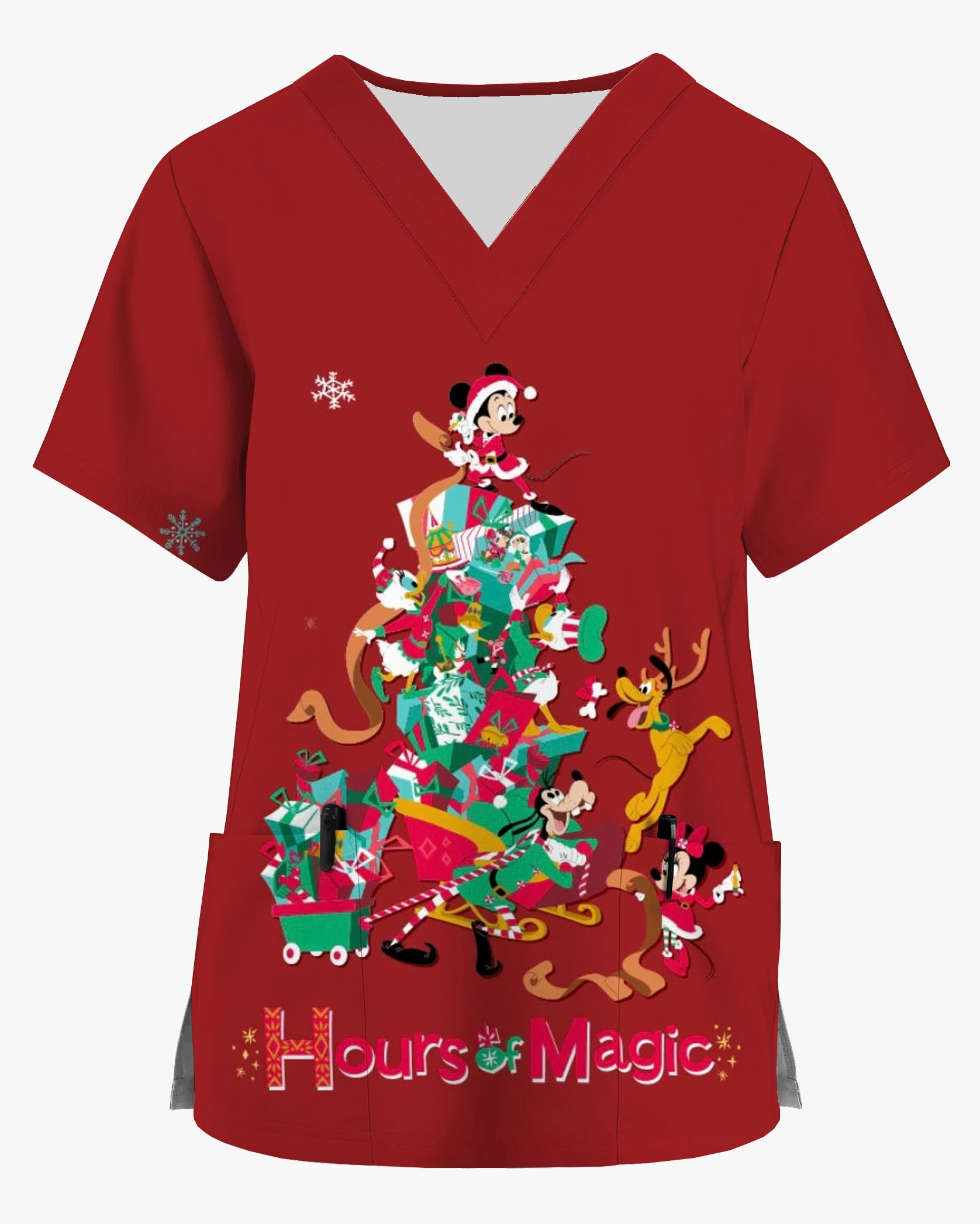 

Ophthalmology and Dental Work Clothes Christmas Disney Series Mickey and Minnie Printed Pocket Shirt Women's Short Sleeve V Neck