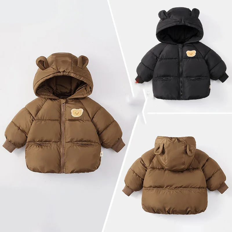 2024 Toddler Baby Boys Winter Cotton Overcoat Thicken Patchwork Cartoon Bear Kid Girl Outerwear Cute Ear Hat Warm 1-6Y Boys Coat