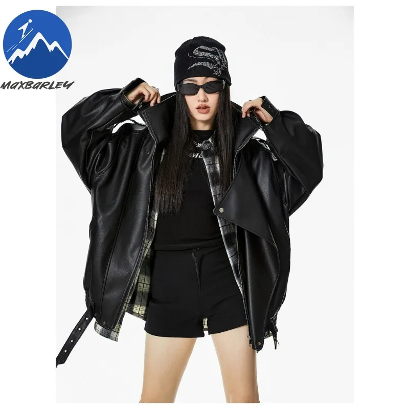 Giacca in pelle Maxbarley Giacca corta oversize in ecopelle PU retrò femminile con cintura Cappotto da motociclista con cerniera streetwear