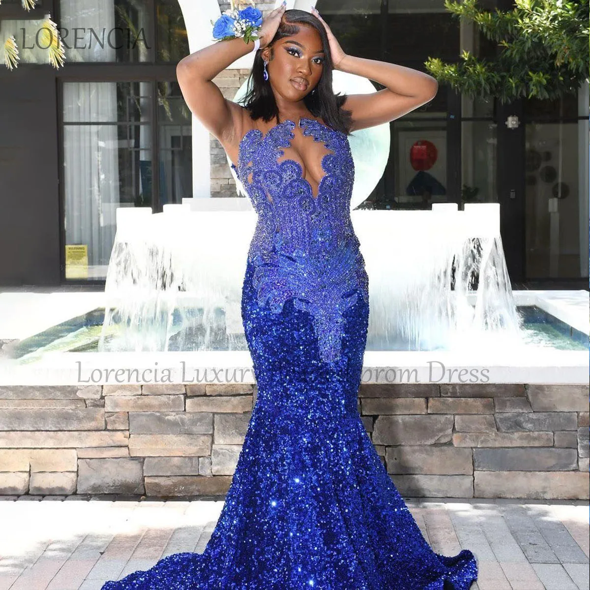 

Blue Mermaid Bride Dresses Crystal Paillette Sleeveless Sexy Black Girl Ruffle Draped Pleat Open Back Prom Dress Robe de soirée