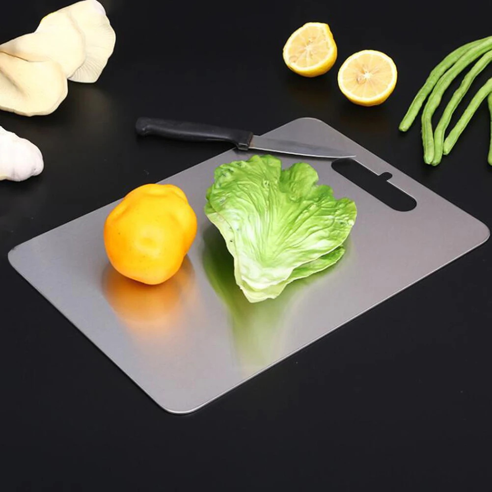

Stainless Steel Cutting Board Chopping Block for Kitchen Meat Vegetable Fruit Hanging Handle Rustproof Dishwasher Safe