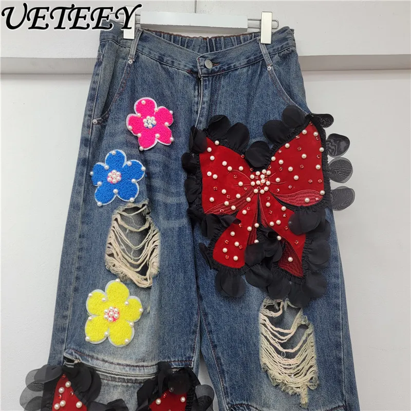 Wiosenno-jesienne, nowe, szerokie jeansy damskie z dużymi kokardami, kwiatami i przetarciami, modne spodnie dżinsowe w stylu europejskim i amerykańskim.
