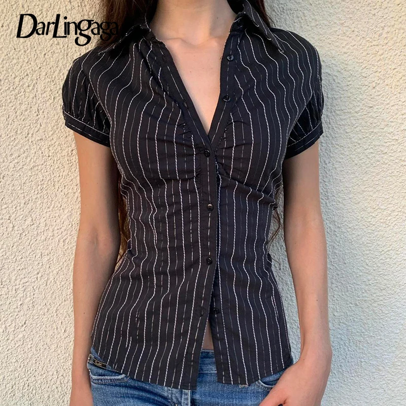 Darlingaga Fashion Chic Stripe Slim Summer Blouse Women Tops Short Sleeve Buttons-Up Shirt Cardigan Y2K Aesthetic Retro Outfits