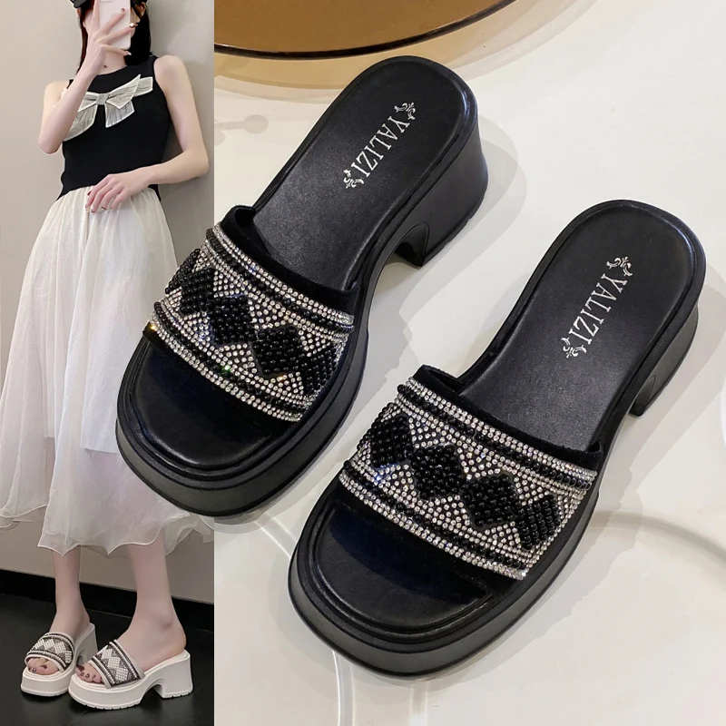 

Shoes Woman 2024 Med House Slippers Platform Pantofle Shale Female Beach Low New Rubber Sabot Summer Slides Rome Hoof Heels PU