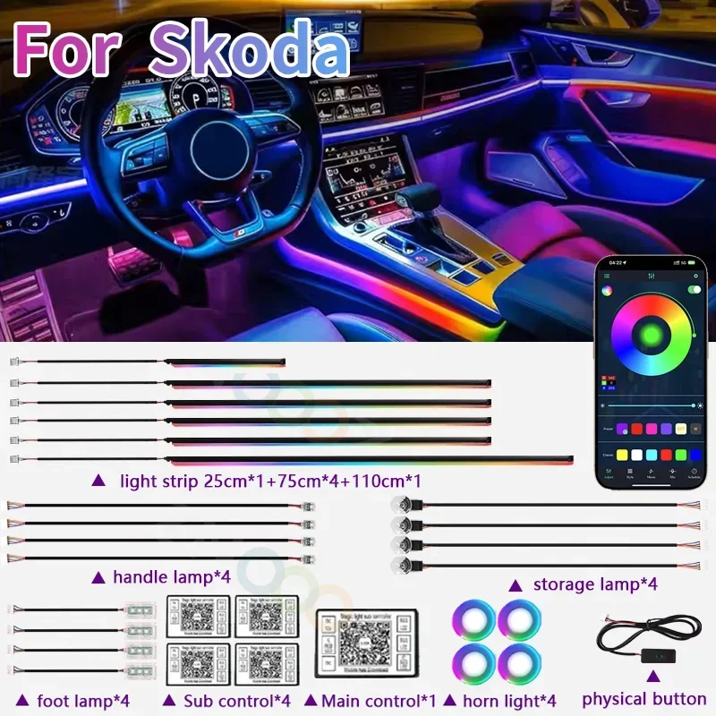 RGB 22w1 wnętrze samochodu akrylowe oświetlenie otoczenia samochodu dla Skoda VRS Octavia FABIA KAMIQ KAROQ KODIAQ RAPID SUPERB akcesoria