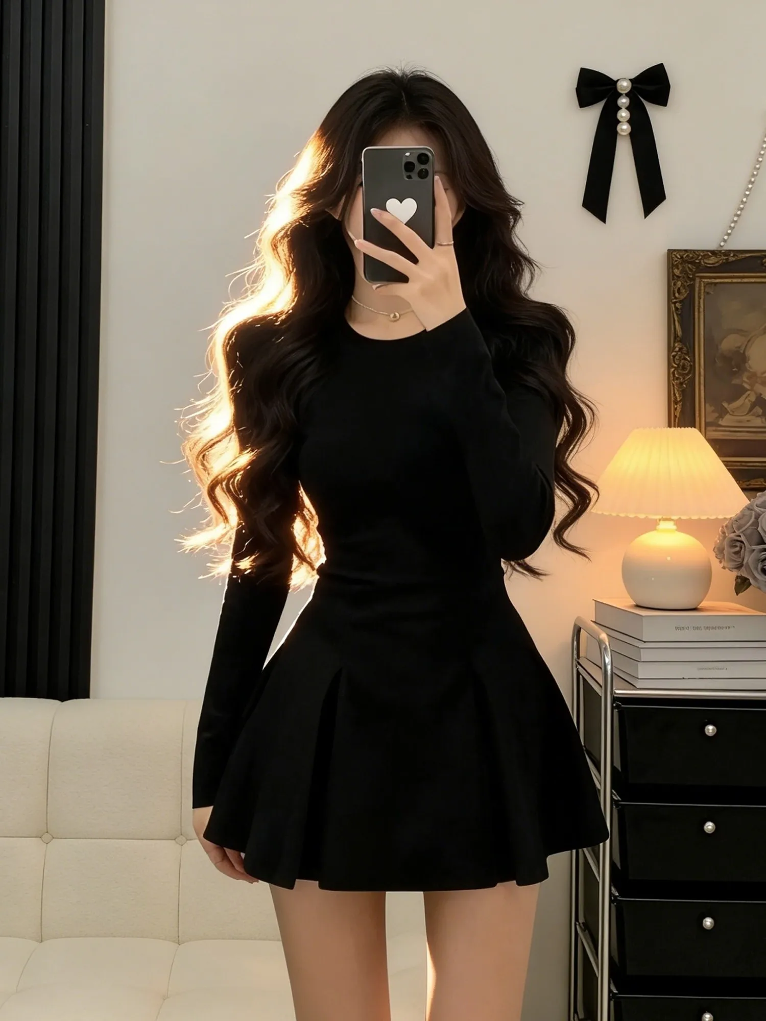 

Hebe Sle Bla Long Sve round Ne Dr Women's Spring Slimming ort Skirt Design Sensual Waist-Cinching Polyester Fiber