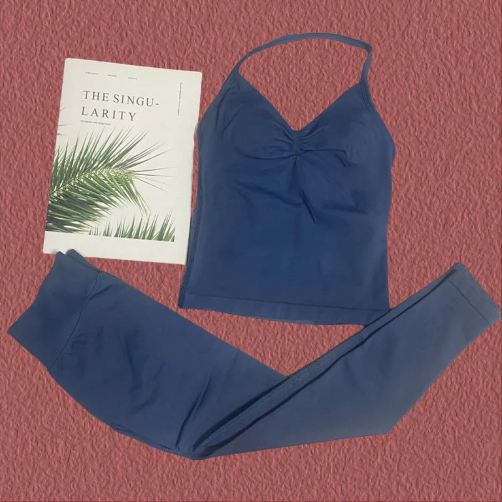 

2025 New Ladies Gym Training Leggings and Neck Tank Yoga Fitness Seamless Pilates Clothing Workout Sportswear 2-Piece Yoga Set