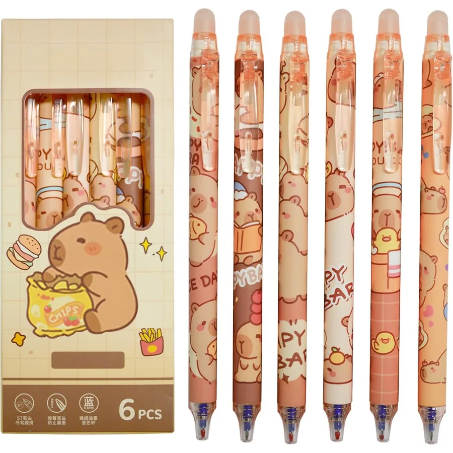 

6 шт., механические стираемые гелевые ручки с капибарой, милые животные, мультяшные капибары, школьные принадлежности, 0,5 мм, синие чернила, ручки Kapibara