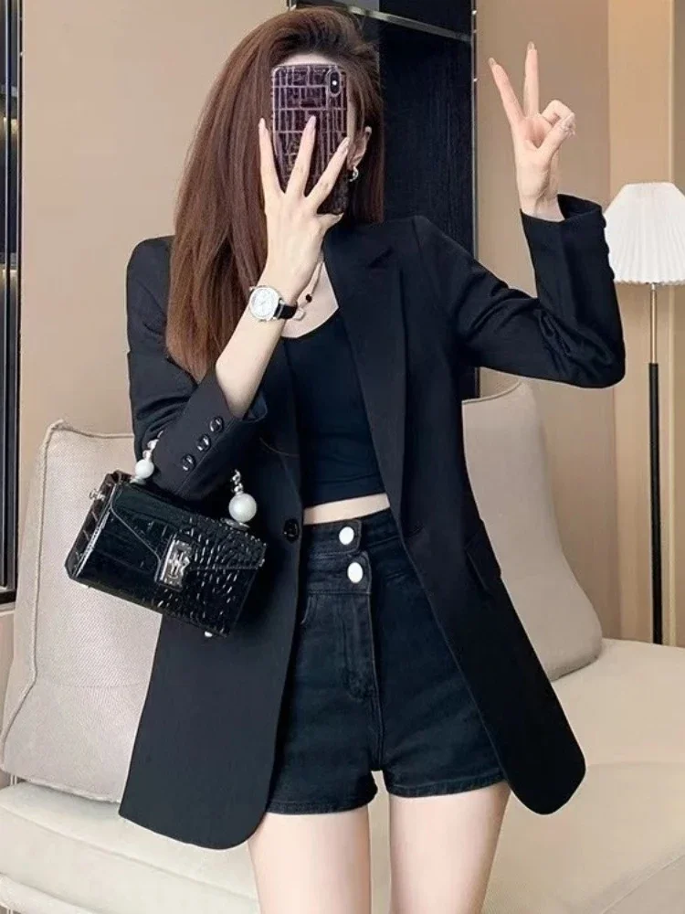 2026 Women Black Mid Length Blazer Slim Fit Elegant Casual Suit Jacket Spring Autumn High Quality Coat
