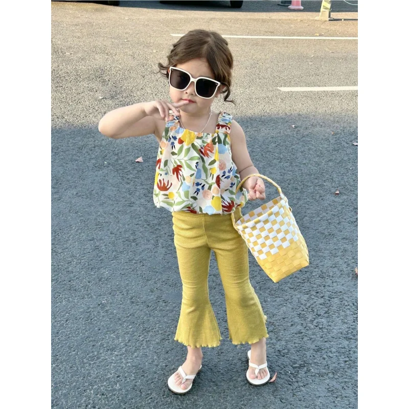 

Girls' Summer Floral Camisole Suit Baby Girls' Western Style Vest Bell-Bottom Pants Two-Piece Suit Fashion