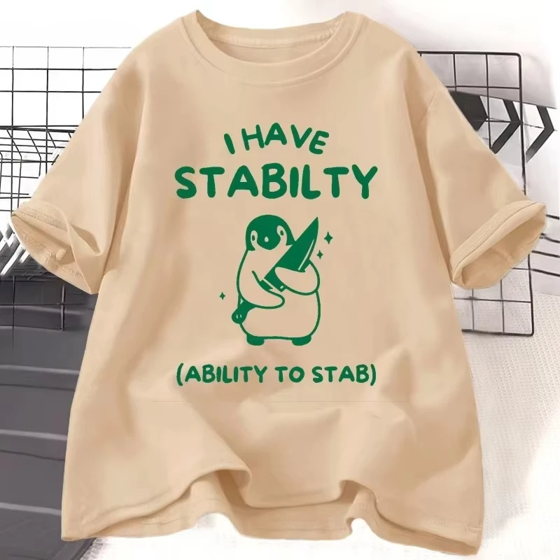 I Have Stability Funny Penguin Graphic T Shirts Dumb Y2k Printed T-shirt Stupid Vintage Cartoon Silly Meme O Neck T Shirt Tops