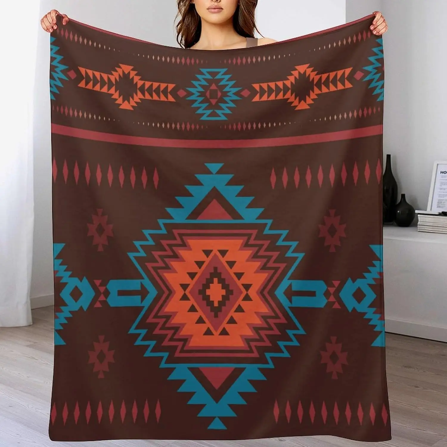 Aztec Throw Blanket Tribal Navajo Vintage Red Geometric Pattern Soft Warm Flannel Blanket for Sofa Bedroom Cutecore Room Decor