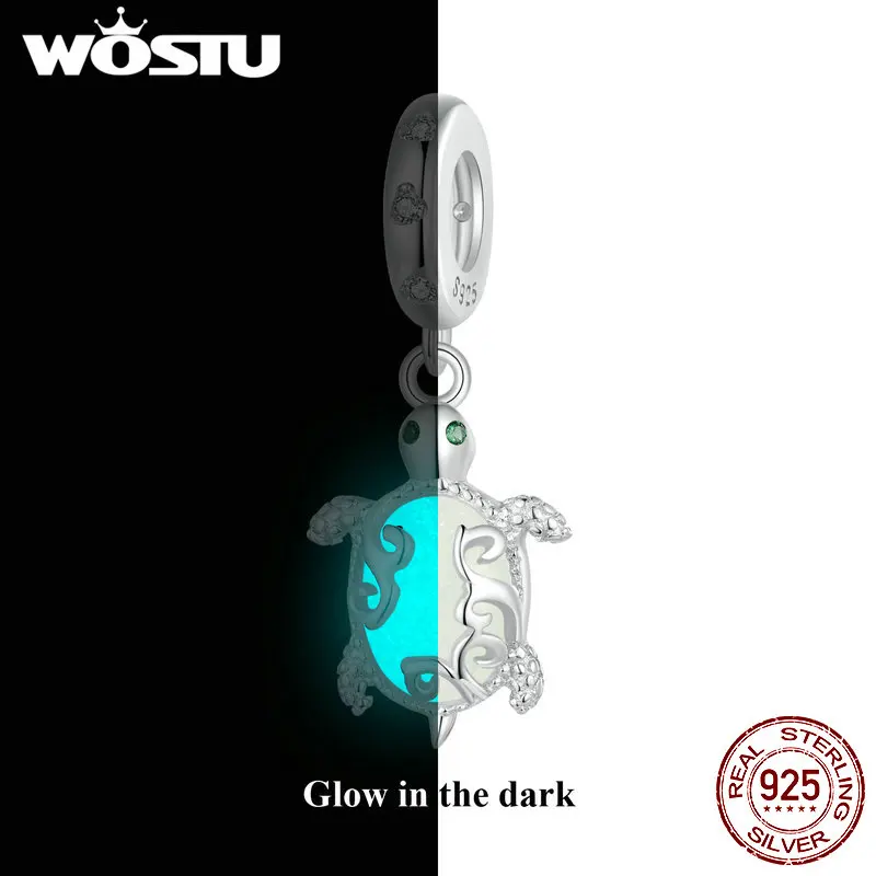 

WOSTU 925 Sterling Silver Sea Turtle Pendant with Luminous stone Fit Original Bracelet for Women DIY Fine Jewelry Party Gift