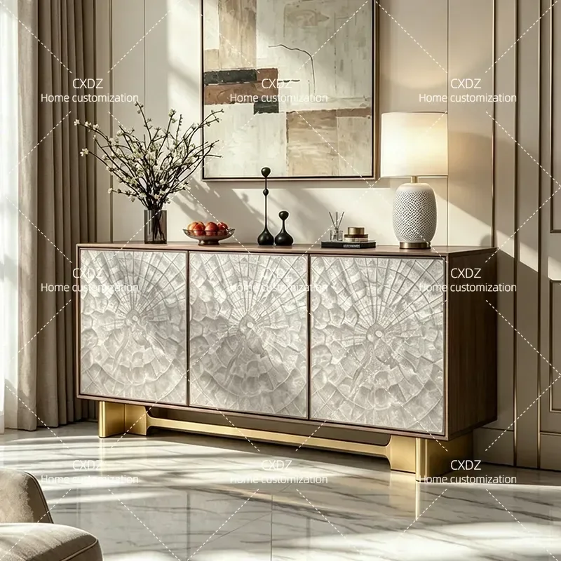Light Luxury Solid Wood Shell Porch Cabinet Entrance Foyer Decorative Storage Side Cabinet for Modern Villa Living Room