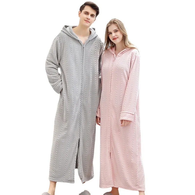 Women Extra Long Thermal Bathrobe Jacquard Flannel Winter Plus Size Pregnant Warm Bath Robe Zipper Dressing Gown Men Sleepwear