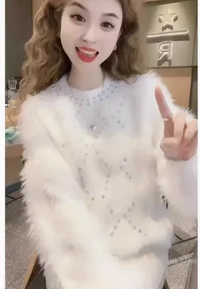 Soft Chic Beautiful Sweater Women's Thickened Fall Winter Mink High-end Diamond-encrusted Sweaters Top Ladies Pull Jumper