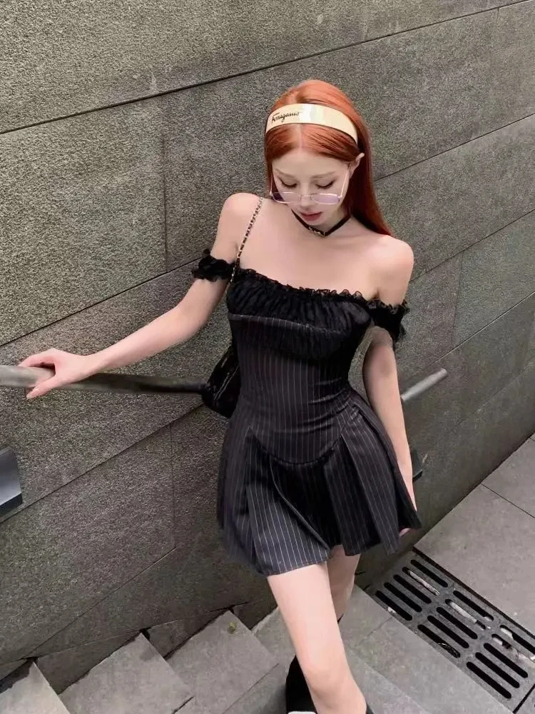 خمر جردت الدانتيل مطوي فستان بحزام المرأة 2025 Y2k فساتين قصيرة الأمريكية موضة شيك ملابس قصيرة الأكمام coscos