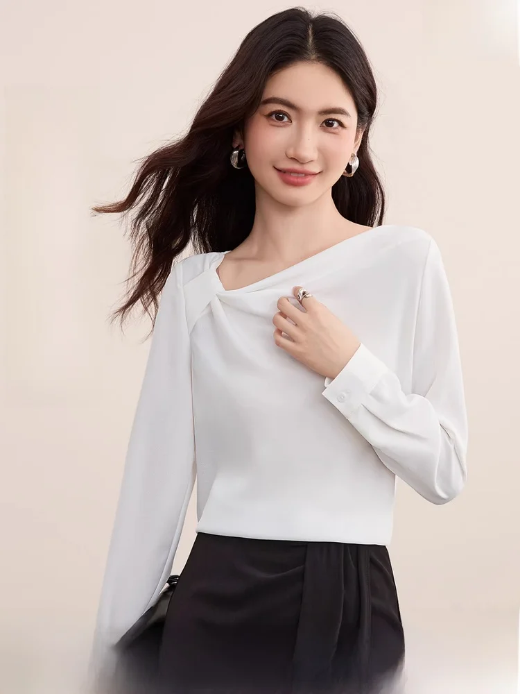 

Элегантная женская свободная шифоновая рубашка с длинным рукавом в городском стиле, с асимметричным воротником, стройнящая, модная весенняя блузка