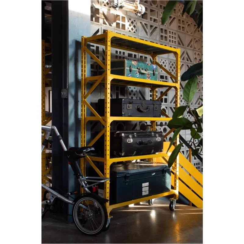 

Metal display rack, new yellow double-layer storage display shelf with casters