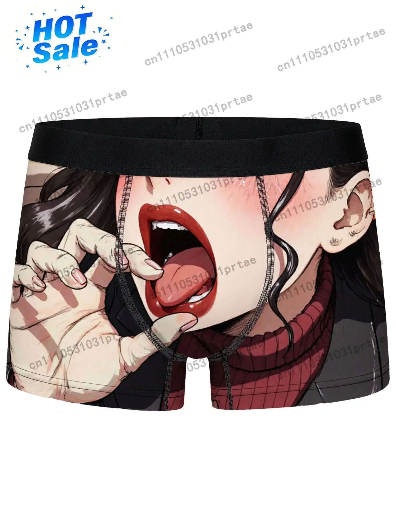Men's Anime Manga Boxer Briefs Style Woman Face Hand Art Underwear with Red Cheeks & Pink Nails Checkered Turtleneck Colla bLACK