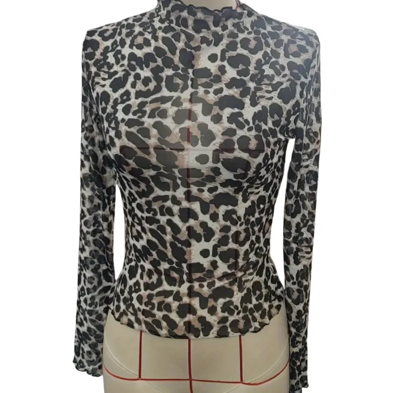 Sexy Long Sleeve T-shirt Women Elegant O Neck Flower Printed Mesh Shirts For Women Spring Autumn Basic Shirt Lady Tee Tops