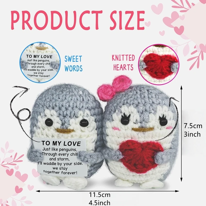 Handmade Crochet Positive Couple Penguin Doll with Card Emotional Support Home Room Decor Figurines Birthday Valentine Day Gifta