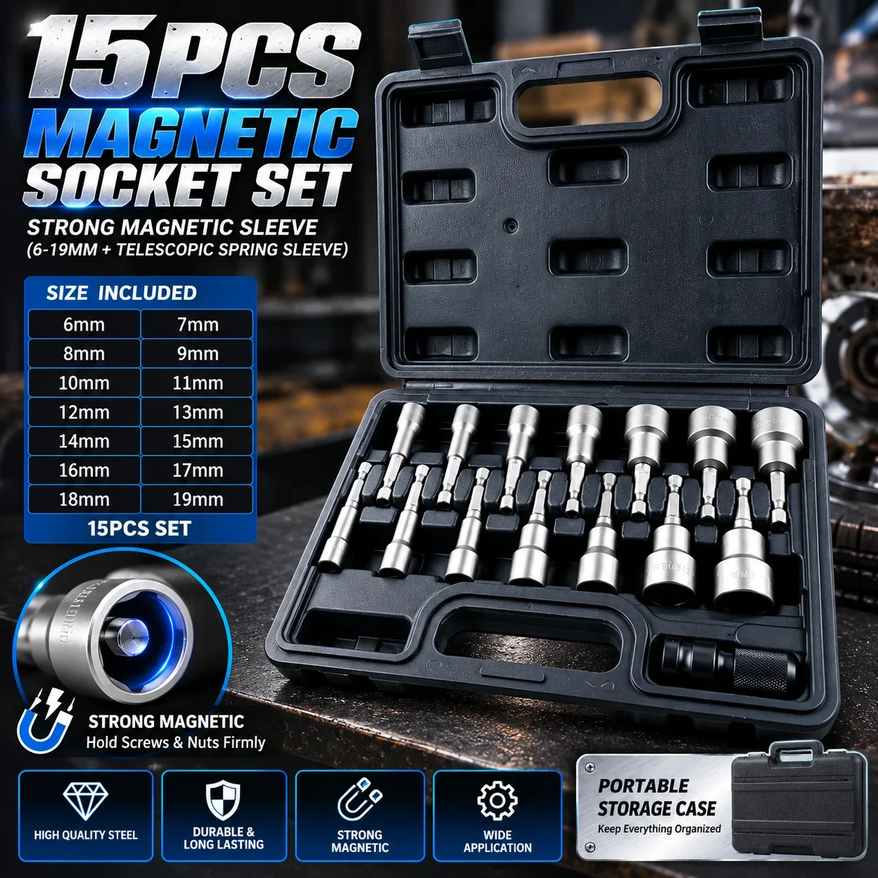 15Pcs Deep Socket Set Chrome Vanadium Steel With 80mm Extension Bar Hex Screwdriver Bits For Ratchet Wrench Automotive Repair