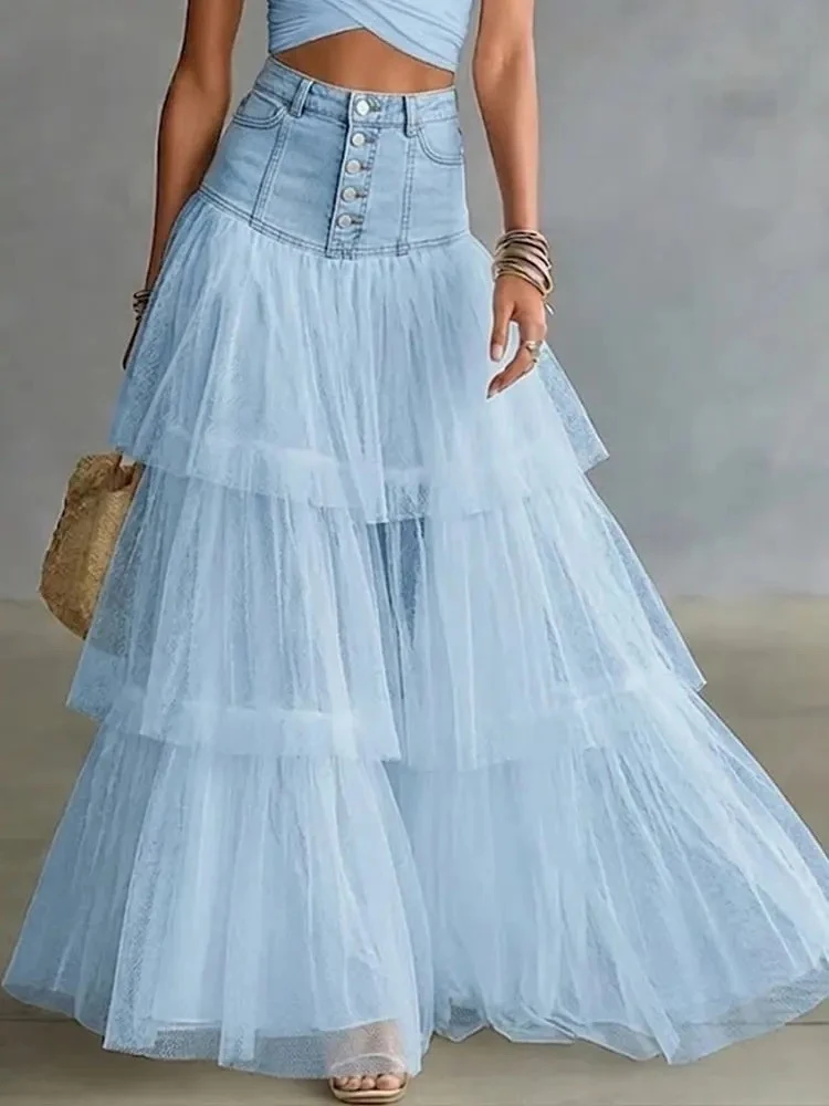 Elegant Mesh Splice Large Swing Office Commute Skirt Sweet Multi Layer Cake Medium Length Skirt Chic Solid Single Breasted Skirt