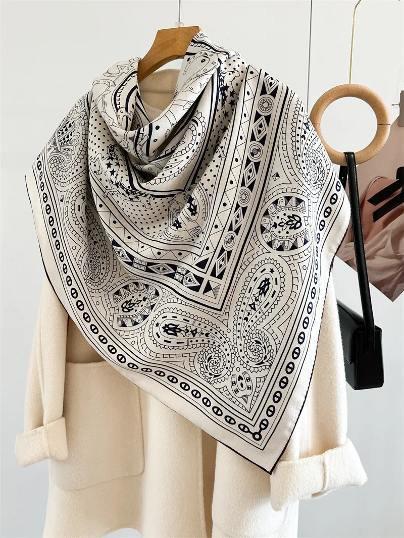 Double Sided Print Winter Luxury Silk Wool Scarf Rolled Edges Shawls Bandanas Hijab Winter Accessories Christmas Heart Print