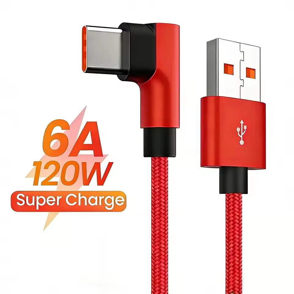 6A 120W Type C USB Fast Charging Cable for Huawei Xiaomi 15 Redmi Honor OPPO Realme POCO 90 Degree Elbow Charge Cable for Gaming